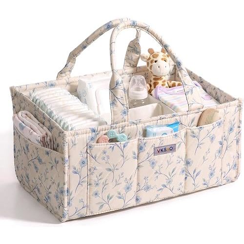 Baby Diaper Caddy Organizer, Large Portable Nursery Storage Basket with Removable Dividers, Diaper Bag Baby Gift Basket for Newborn, Changing Table, Car, Home, Blue Floral
