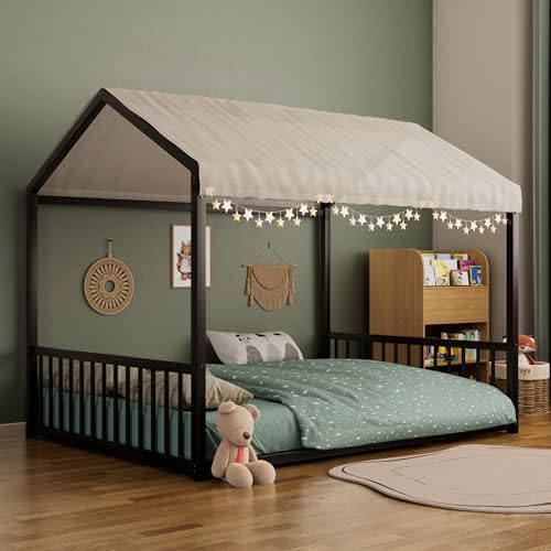 Merax Full Floor Bed Frame, Montessori Style Metal House Shaped Kids Bed with Vertical Safety Guardrails, No Slats, Grounded Design for Kids and Toddlers, Easy Assembly, Black