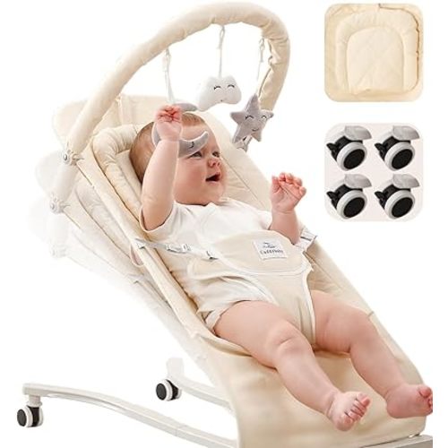 Cuddobaby Baby Bouncer 100% Cotton, Pillow for Head & Neck Support, Wheels with Brakes, Soft Plushies, 3-Level Adjustable Bouncy Chair up to 20Lbs 0-6, 3-6, 6-12 Months, Newborn Gift Idea - Oat