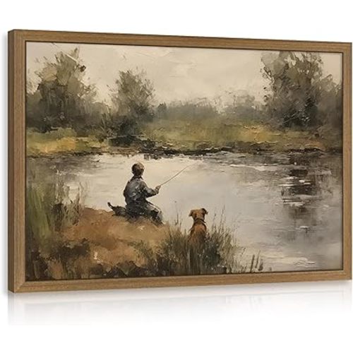 Clicyre Vintage Fishing Wall Art for Boys Room - Rustic Country Farmhouse Landscape Canvas Prints, Boy with Dog Lake Pond Scenery, Cabin Lake House Decor for Bedroom Bathroom, Wood Framed 12x16 Inch