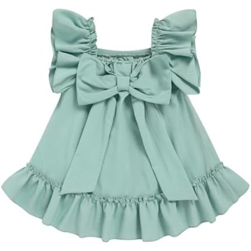 Sinhoon Toddler Girl Dress Flutter Sleeve Kids Hem Wrinkle-Resistant Back Bow Dress | Summer Fashion Dresses