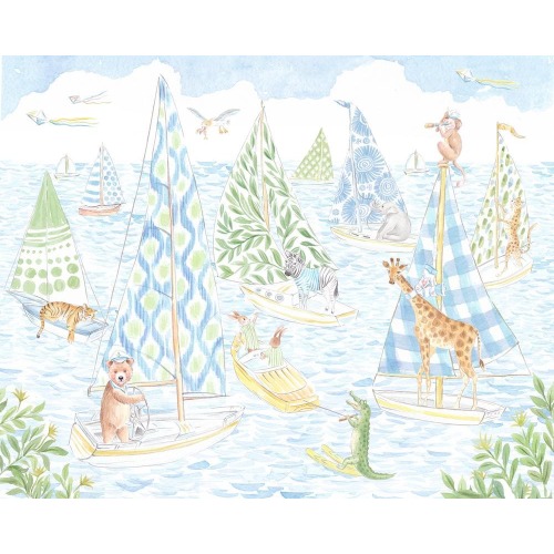 Whimsical Animals Sailing Art Print – Blue and Green 20x16