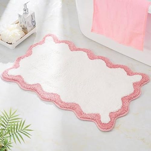 Luxury Cute Bathroom Rugs, White Bath Mat W/Pink Scalloped Edge, Microfiber Aesthetic Trendy Funky Fun Preppy Rug, Extra Soft Bathroom Mat Non-Slip for Tub, Shower, and Bath Room 30'' x 20''