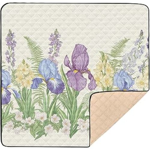 OTVEE Baby Play Mats for Floor Playpen Purple Blue Iris Flower 50x50 Inch Infants Toddlers Crawling Mat Soft Foam Padded Foldable Playmat Babies Tummy Time Activity Non Slip Rug