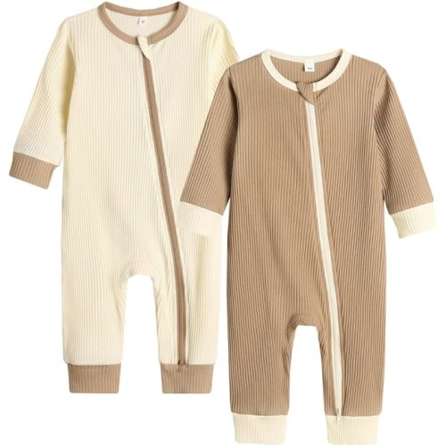 Bafeicao Unisex Baby Boy Girl 2/3 Pack Rompers Long Sleeve 2 Way Zipper One Piece Jumpsuits Clothes Sets