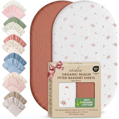 100% Organic Cotton 2 PK Baby Muslin Bassinet Sheets Unisex 33 x 17in