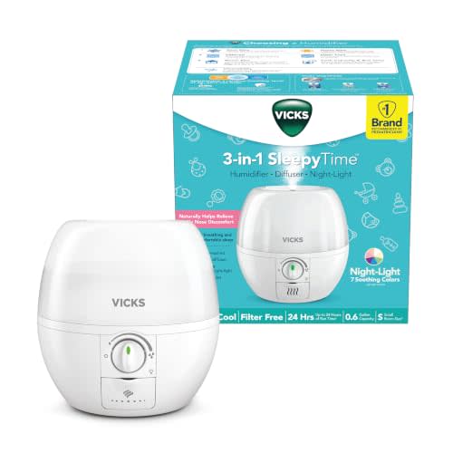 Vicks Humidifier 3-in-1 SleepyTime Cool Mist Humidifier for Nursery, White | Small humidifier with night light and diffuser, filter free, helps provide more comfortable sleep with low-noise operation