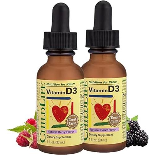 CHILDLIFE Essentials Vitamin D3 Drops for Kids, Children, & Toddlers - Liquid Vitamin D Drops, 500 IU per Drop, Immune & Bone Health Support, Natural Berry - 1 Fl Oz (Pack of 2)