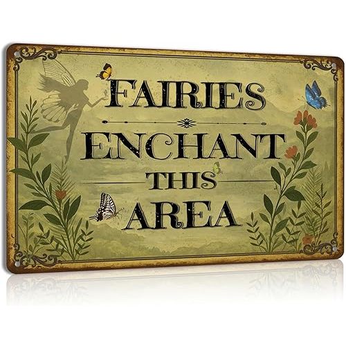 Fairy Wall Decor Tin Sign 8x12 Inch – Enchanted Fairy Garden Sign for Patio, Cottagecore Spaces, or Mystical Room Decor – Vintage Whimsical Metal Wall Art