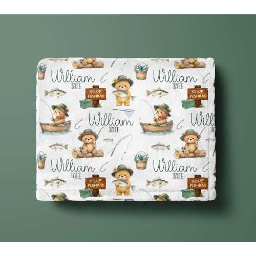 CUSTOM BABY BOY Name Blanket, Fishing Teddy Bear Theme, Personalized Little Bear Fisherman Theme Nursery Blanket, Baby Shower Gift