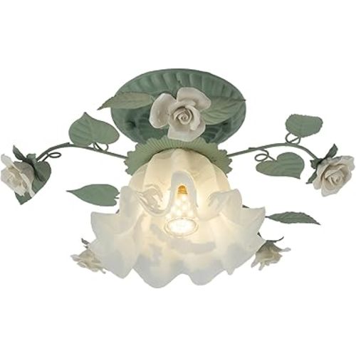 French Glass Flower Ceiling Light Fixture Green Hallway Semi Flush Mount Ceiling Light Nordic Modern Blue White Milk Glass Close to Ceiling Light for Bathroom Farmhouse Foyer Corridor Kitchen