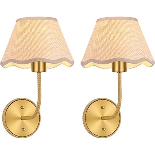 KUSSCO Boho Wall Sconces Set of Two Rattan Wall Lamp Rustic Brass Wall Mount Light Hardwire Wall Sconces Lighting for Bedroom Living Room Hallway Vanity Stairway, E26 Base, 2 Pack