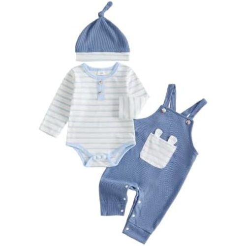 Baby Boy Clothes Set Stripe Romper Waffle Suspender Pants Outfit