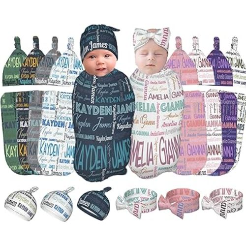 Personalized Baby Swaddle and Hat Bow Set for Girls Boys With Name - Custom Baby Blankets and Gifts