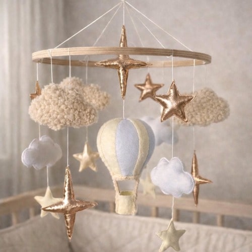Hot Air Balloon Baby Mobile, Neutral Nursery Mobile, Felt Crib Mobile with Clouds and Stars, Baby Shower Gift, Nursery Decor
