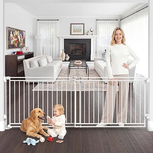 Betertek 45-80" Extra Wide Baby Gate for Large Openings-No Bottom Bar&Extra Wide Walk Thru Door, Chew&Impact Resistant Metal Heavy Duty Dog Gate, Hardware Mount Safety Indoor Extra Long Pet Gate