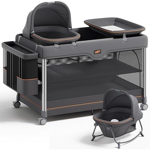 Pamo Babe 6-in-1 Pack and Play with Bassinet – One-Step Setup Baby Bassinet, Portable Playard, Travel Crib with Mattress, Changing Table, Storage Bag & 4 Wheels Travel Playpen for Baby (Gery)
