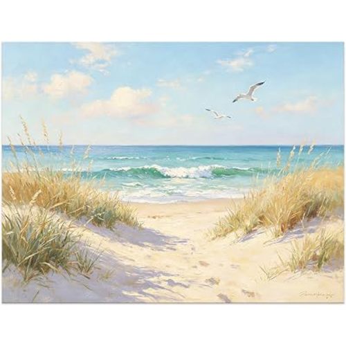 Coastal Dune Path Wall Art Beach Grass Canvas Print Ocean Seagull Artwork for Bathroom Bedroom Beach House Decor8x10in Unframed