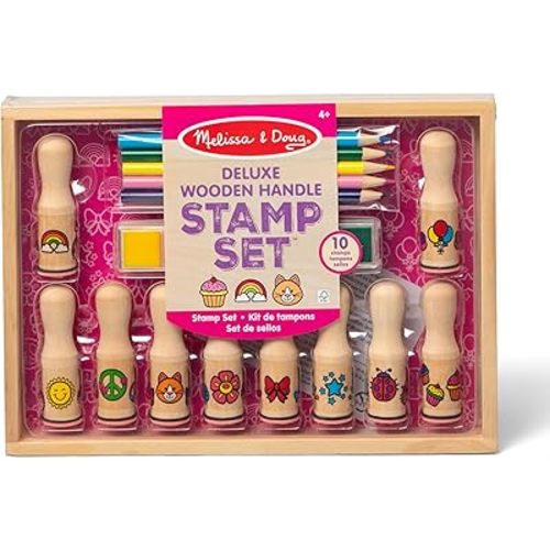 Melissa & Doug Deluxe Happy Handle Stamp Set with 10 Stamps, 5 Colored Pencils, and 6-Color Washable Ink Pad