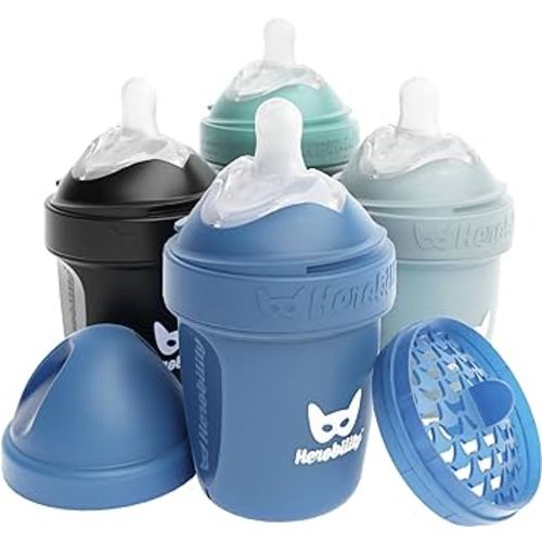 Herobility Double Anti-Colic Baby Bottles – 5 fl oz/140ml – 4-Pack – Multicolor – Denim, Black, Dusky Green, Gray