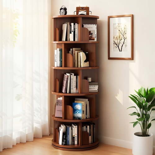 5-Tier Rotating Bookshelf, 360° Spinning Display Tower, Space-Saving MDF Book Storage for Bedroom, Living Room, Office - Walnut