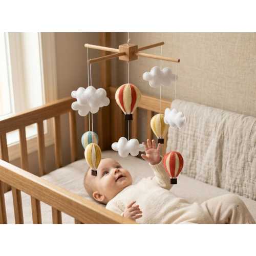 Hot Air Balloon Baby Mobile, Nursery Crib Mobile Felt, Neutral Baby Room Decor, Handmade Cloud Mobile, Baby Shower Gift, Montessori Mobile