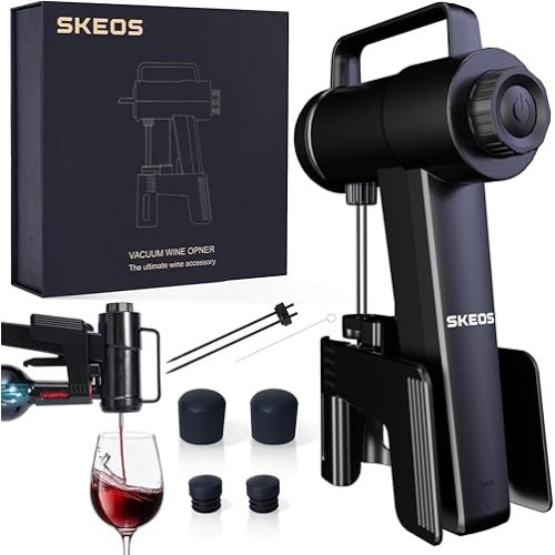 SKEOS Electric Wine Opener, Needle Piercing Vacuum Wine Bottle Opener for Smooth Extraction, No Cork Damage, Vacuum Seal Freshness, Perfect for Wine Lovers, Black