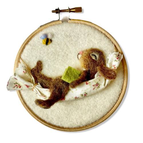 Needle felted sleeping Rabbit embroidery hoop wall art . Resting in her hammock sweet needle felted rabbit sculpture in an embroidery hoop.