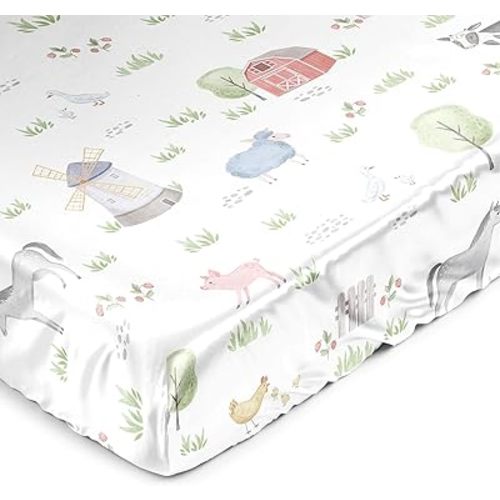Sweet Jojo Designs Farm Animals Boy Girl Gender Neutral Baby Satin Fitted Crib Sheet Infant Newborn Nursery Toddler Bed Room Standard Watercolor Farmhouse Barn Horse Cow Sheep Pig Goat Chickens Nature