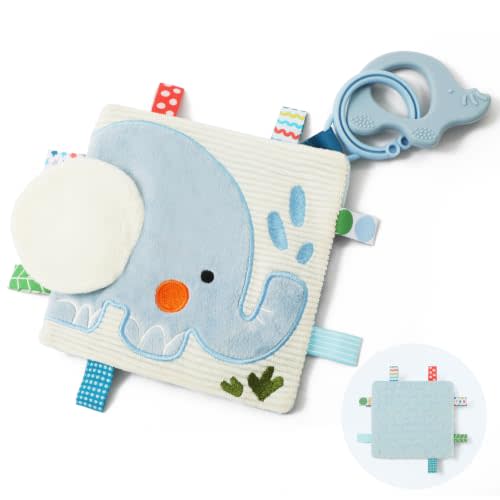 let's make Elephant Baby Lovey with Sensory Tags, Minky Dot Crinkle Toy, Clip-On Stroller Security Blanket Featuring Silicone Teether Infant Gift