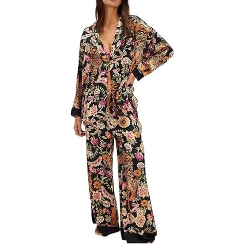 Arssm Satin Pajama Set for Women Silk Pajamas Set 2 Piece Floral Pj Set Long Sleeve Button Down Pjs Sleepwear