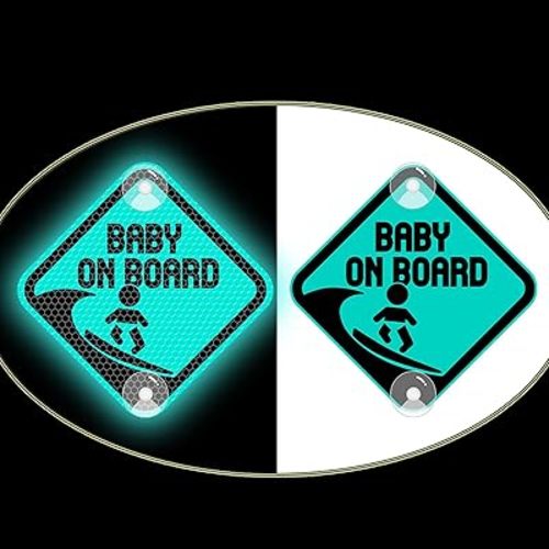 Double-Side Baby on Board Sign with Suction Cups, Reflective Surf Baby On Board PVC Car Decals Cute Reflective Baby Safety Warning Car Decal,4.72x4.72 in (Surf Baby, Mint Green)