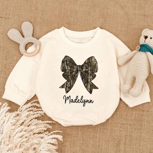 Personalised Camo Coquette Bow Baby Romper, Camo Coquette Bodysuit, Fall Bow Baby Outfit, Birthday Baby Girl Clothes Gift, Newborn Clothes