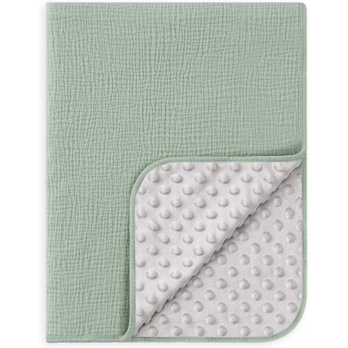 Susurration Baby Blanket for Unisex Boys Girls, Soft Nursery Minky Blanket with Muslin Cotton Front and Dotted Fleece Back, Receiving Blanket for Baby Newborn Infant, 30x40inch (Green)