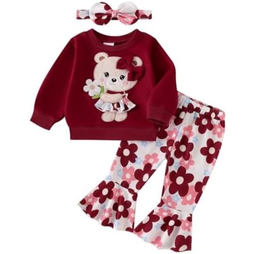 Baby Girl Clothes Fall Winter Long Sleeve Bear Cartoon Sweatshirt Flare Pants Bow Headband Set 6 Months-4 Years Old