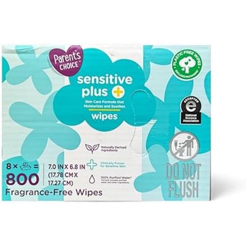 Parent’s Choice sensitive plus + Fragrance-Free Baby Wipes – 800 Count, Flip-Top Packs, Hypoallergenic, Non toxic, Parabens, Dyes, Phthalates, Alcohol & Fragrance Free, pH Balanced for Delicate Skin