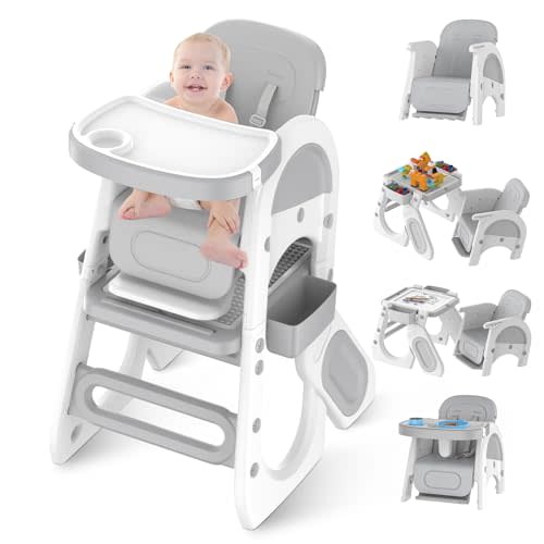 Cremicle Baby High Chair, 6 in 1 Convertible High Chair for Babies and Toddlers with Safety Harness, Adjustable Seat Back, Removable Tray, Easy to Clean, and Building Block Table Set