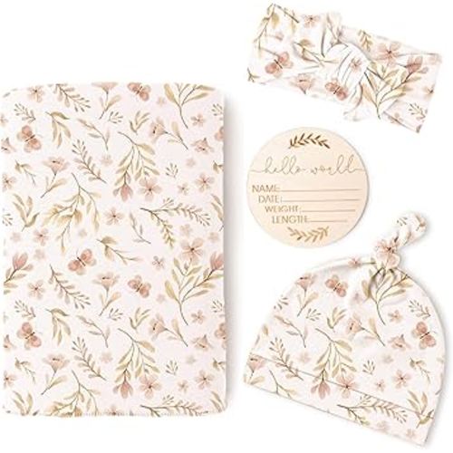 Konssy Baby Girl Newborn Receiving Blanket with Matching Headband and Beanie Set Baby Swaddle Nursery Swaddle Wrap