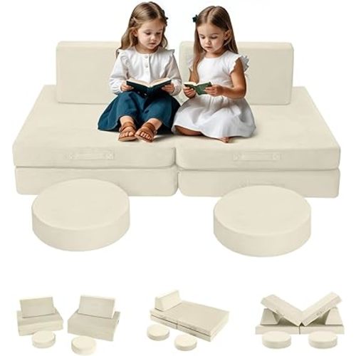 MeMoreCool Modular Kids Play Couch, Beige Foam Sofa and Fort Explorer Building Set for Toddlers and Playroom