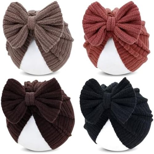 Cinaci 4 Pieces Baby Girls Turban Hats with Bow Newborn Hospital Caps Bonnets Beanies Headwraps for Infants Toddlers