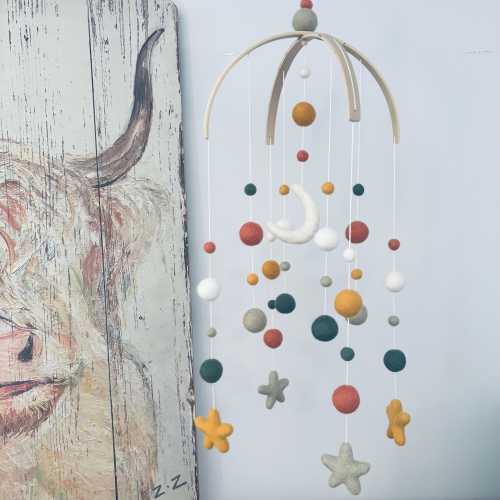 Felt baby mobile | Felt moon & stars | baby nursery decor | crib mobile | baby shower | earthy mustard, olives, terracotta + white