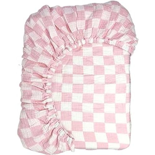 Bolton Baby Co. Checkered Muslin Fitted Crib Sheet | 100% Extra-Soft Breathable Cotton | for Girls and Boys | Fits Standard Baby Crib and Toddler Mattresses (28"x52") (Bubblegum)