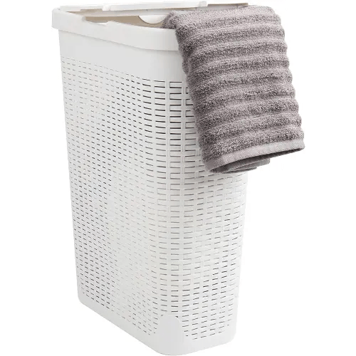 Mind Reader 40L Slim Laundry Hamper, Clothes Basket, Lid, Wicker Design, Plastic, 18"L x 10.4"W x 23.5"H, White