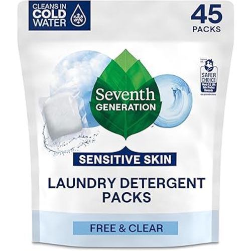 Seventh Generation Laundry Detergent Packs, Free & Clear, Made for Sensitive Skin, 45 Count