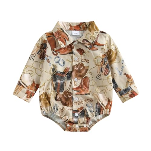 Newborn Infant Western Baby Boy Clothes Cowboy Button Down Dress Shirt Bubble Romper Bodysuit Country Style Outfit
