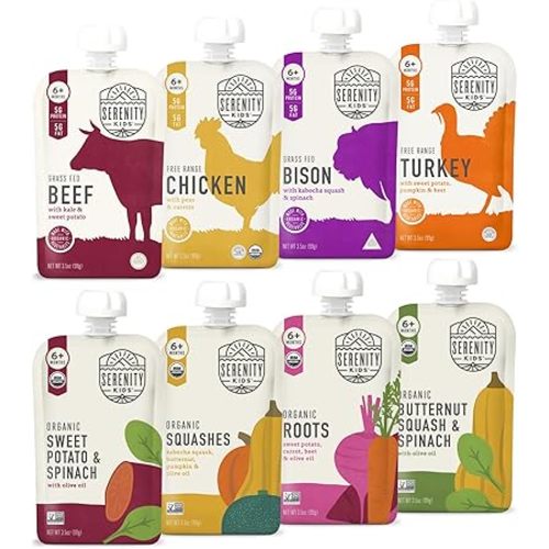 Serenity Kids 6+ Months Organic Baby Food Pouches - 5g Protein Nutrient-Packed Baby Puree Pouches - Organic Veggie-Rich Toddler Snack - On-the-Go Toddler Meals & Snack Pack - 8 Count, 3.5 Oz