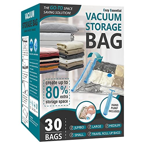 Cozy Essential 30 Pack Vacuum Storage Bags, Space Saver Vacuum Storage Bags, Vacuum Seal Bags for Clothing, Clothes, Comforters and Blankets, Pillow, Bedding