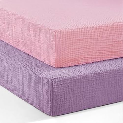 Pro Goleem 2 Pack Muslin Crib Sheets for Girls, Soft Breathable Fitted Cotton Baby Bed Sheets Set for Standard Crib Mattress & Toddler Mattress 52"x28", (Pink＆Purple)