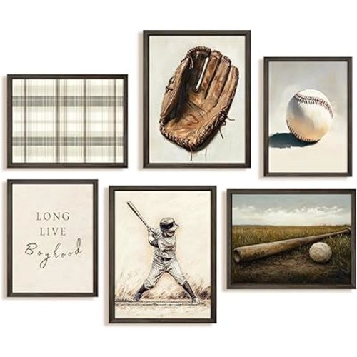 Vintage Baseball Nursery Wall Art Boys Room Canvas Poster Vintage Sports Wall Decor Baby Kids Prints Baseball Field Pictures Sage Green Painting Neutral Artwork for Bedroom 8x10x6 Inch Wood Framed