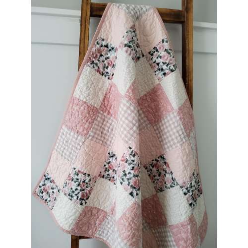Roses Baby Girl Quilt - Handmade with Pink Roses Floral Patchwork - Quilted Blanket